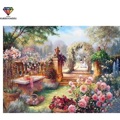XUEQIXIAOZU 5D DIY Painting Full Round Diamond Beautiful Garden Picture Cross Stitch Mosaic Picture Rhinestones Embroidery