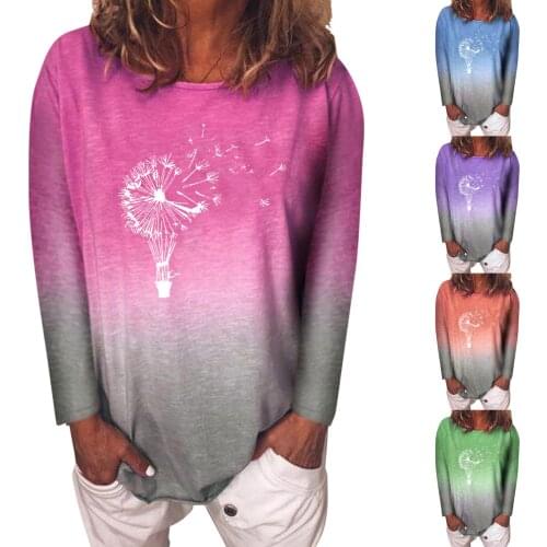 Women Fashion Casual V Neck Long Sleeve Casual Printed T-Shirt Blouse Grass Dandelion Seeds Floating Printing Solid Color Shirt