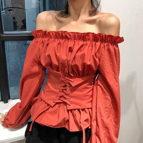 2021 Vintage Spring Womens Blouses Slash Neck Sexy Casual Solid White Blouse Femme Ruffles Long Sleeve Female Shirt Tops 13320