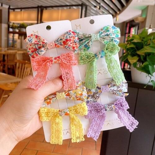 2pcs Bow Lace Flower Print Women Girl Kid Hairpins Hair Clip Pin Barrettes Hairgrip Headwear Hair Accessories