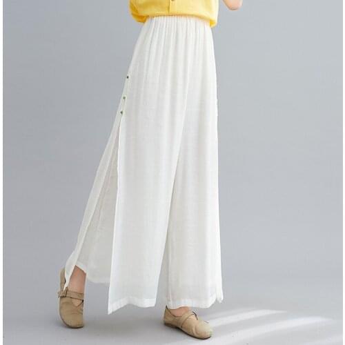 Chinese Style Bottom For Women Cotton Linen Pants Woman Orient Loose Wide Leg Trousers Split Breathable Casual Outfit 30806