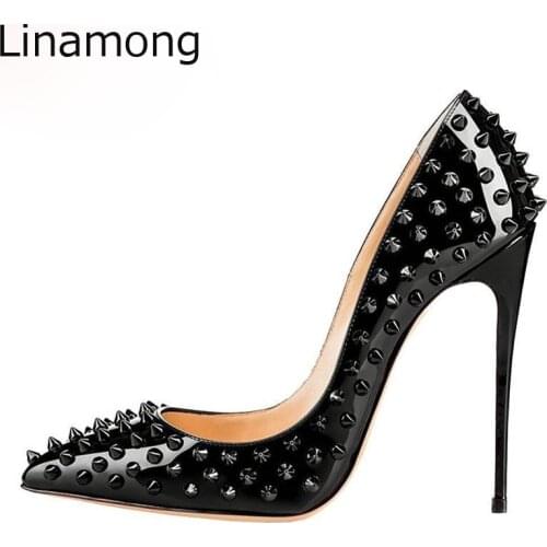 Spring Celebrity Women Full Spike Rivets Studs Patent Leather Pointed Toe Pumps Stilettos Party High Heels Sexy Night Club Shoes