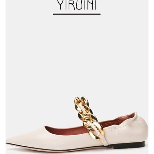 2021 Spring/Summer Flat Shoes Women New Pearl Chain Pointed Low Top Solid Fashion White Casual Fashion Comfortable Flat Shoes