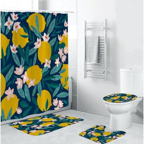 4 Pieces/Set Of Elegant Lemon Flower Design Shower Curtain Cover Non-Slip Carpet Bathroom Bath Carpet