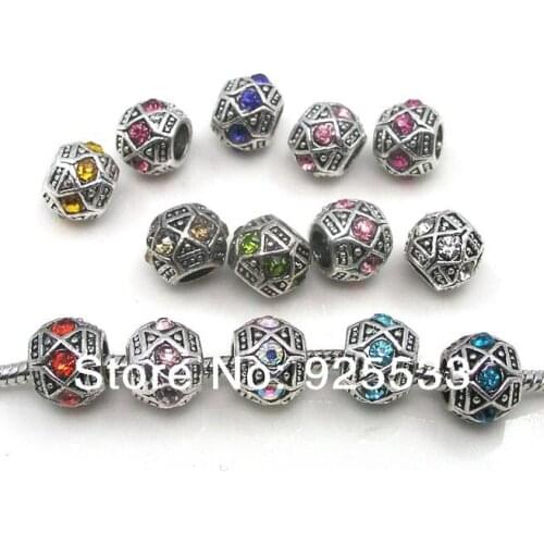 Free shipping 50pcs 9x10mm antique silver plated mix color rhinestone big hole metal loose bead European bracelet jewelry DIY