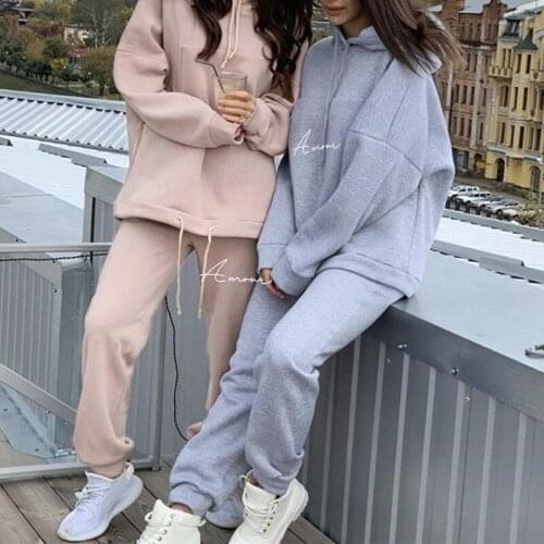 Drawstring Letter Print Fleece Womens Pants Long Sleeve Female Hoodies Suit Casual Tracksuit 2021 Women Spring Autumn Set