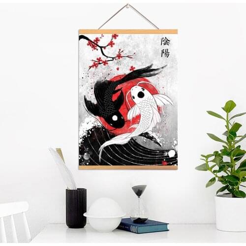 Canvas Home Decoration Carp Poster Print Pictures Animal Wall Japan Retro Art Wooden Scroll Hanging Painting Bedside Background