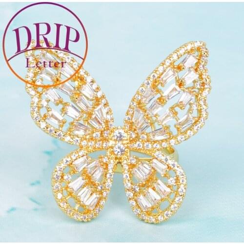 Butterfly Baguette Zircon Ring Gold Color Charm For Women Beautiful Jewelry Adjustable