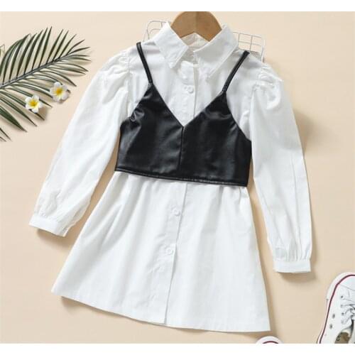 Stylish Kids Girls Summer Casual Clothes Set 2Pcs Solid Color PU Leather Strap Sleeveless Crop Tops +White Shirt Dress, 2-7Years