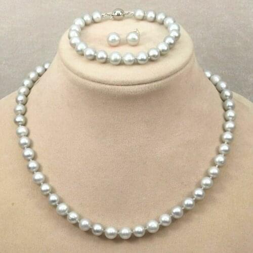 Pretty 8mm Gray Akoya Shell Pearl Necklace +Bracelet +Earring Set AAA