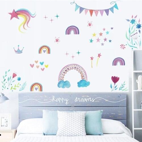 Cartoon Rainbow Wall Sticker for Kids Girl Room Decoration Stars Sticker Home Decor Living Room Art Bedroom Decals for Furniture
