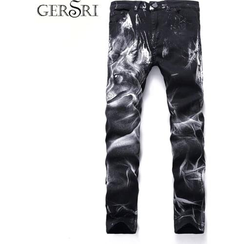 Gersri Night Club Mens 3D Printing Jeans Black Wolf Pattern Printed Punk Slim Straight Cotton Casual Print Denim Pants Plus Size