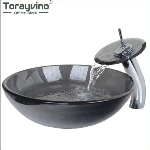 Torayvino Black Round Tempered Glass Bathroom Sink Set Transparent Tempered Glass Vessel Sink And Waterfall Faucet Set 4074-1