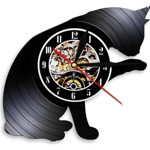 Cat Silhouette Wall Art Decorative Clock Vintage Vinyl Record Wall Clock 3D Wall Watches Home Clock For Childrens Room