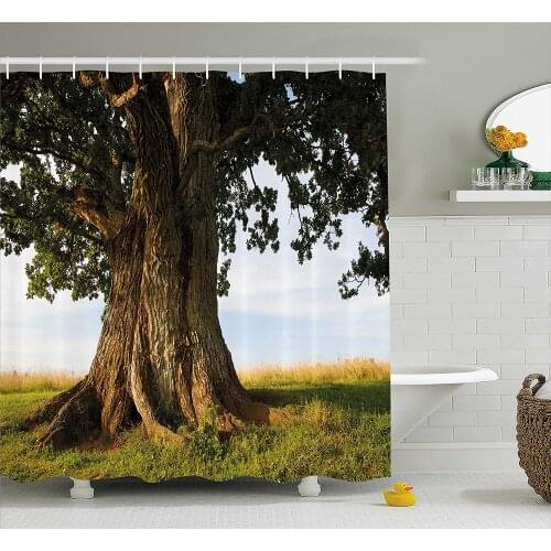 Nature Shower Curtain Majestic Oak Tree on Grass Estonia Northern Europe Rural in Summer Landscape Bathroom Waterproof Curtains
