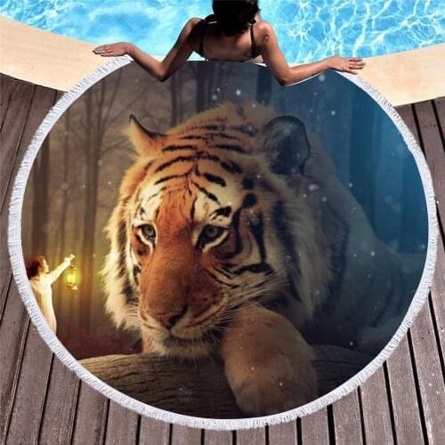 3D Tiger Wolf Leopard 150cm Round Microfiber Beach Towel Wall Picnic Blanket Portable Outdoor Sport Kids Gift Yoga Mat T614