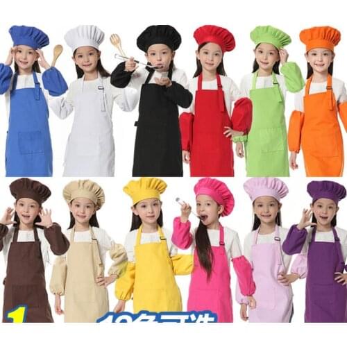 Christmas Gifts 3pcs/set Children Kitchen Waists 12 Colors Kids Aprons with Sleeve&Chef Hats for Painting Cooking Baking