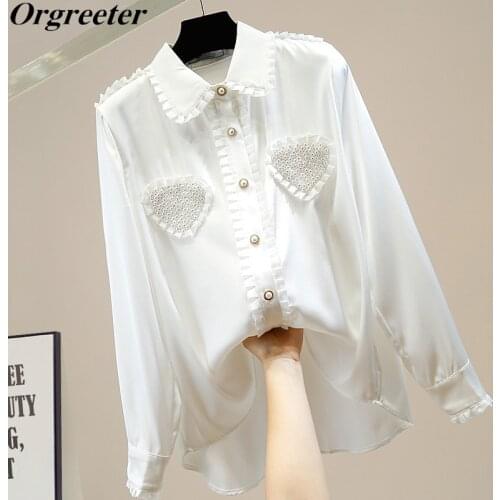 Love Heart Pearls Beading Ruffles Patchwork Black White Blouse Autumn Korean Elegant Womens Shirt Long Sleeve Satin Tops