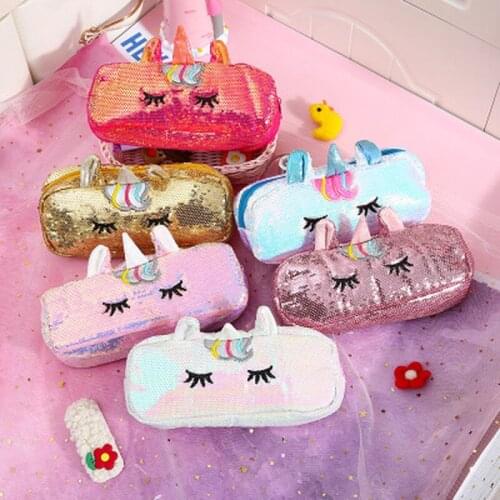 Girl Sequins Unicorn Cosmetic Bag Women Cute Makeup Bags Travel Cosmetic Case Student Cartoon Pencil Bag PU Zipper Make Up Pouch