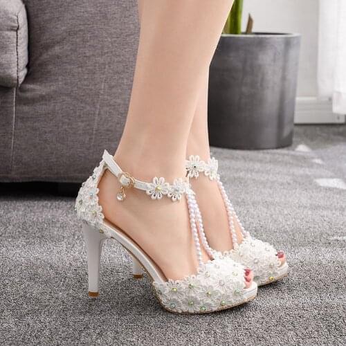 Women Sandals White Lace Wedding Shoes Flowers Pearl Tassel 10CM High Heels Slender Bridal Pumps