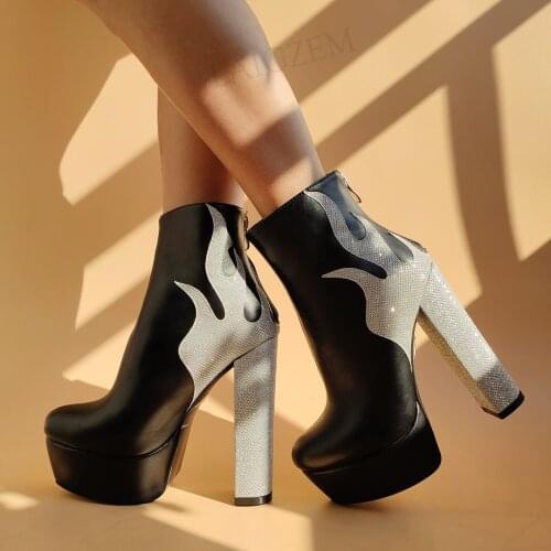 LAIGZEM Women Ankle Platform Boots Thick Block Chunky High Heels Bling Party Booteis Ladies Shoes Woman Large Size 39 41 44 47