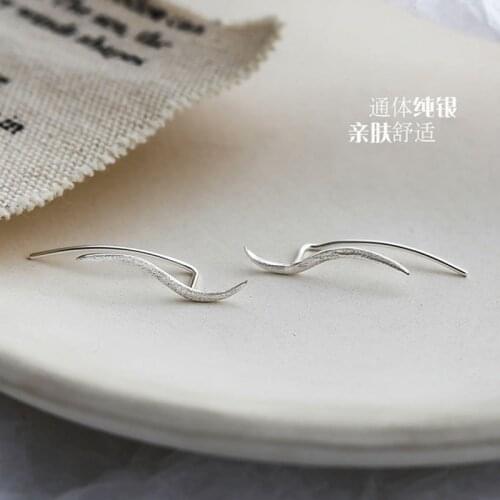 Real 925 Sterling Silver Simple Wave Shape Ear Climbers Hypoallergenic Crawler Earrings Fine Jewelry for Women Girls