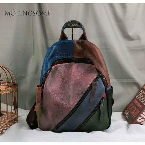 Retro Style Genuine Leather Patchwork Women Backpacks fashion School Bag Real Cow Leather Colorful Bag Ladies Mochila 2021 New