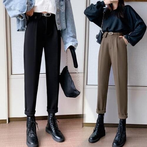 Women 2021 Autumn Winter Wool Suit Pants Thick Warm Solid Color Harem Pant Casual Female High Waist Loose Woolen Trousers Y498
