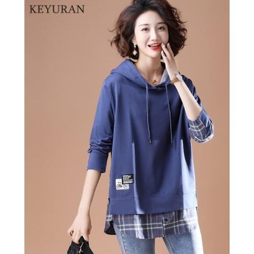 Hoodies Oversize Women Hooded Patchwork Chic Plaid Long Sleeve Korean Style Trendy Womens Casual Loose Sweatshirts Tops Students