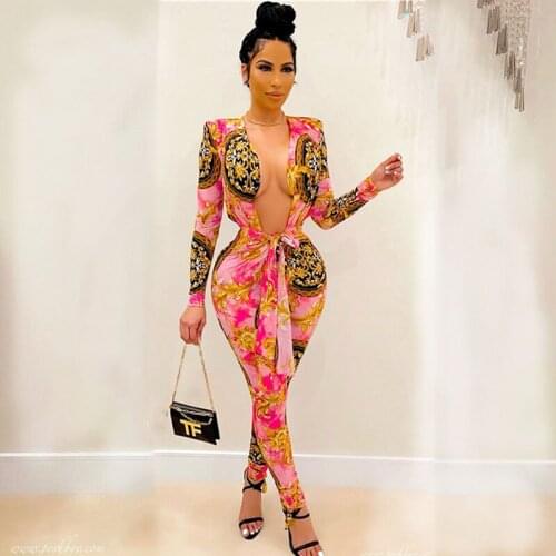 Sexy Deep V-neck Bodycon Jumpsuit Women Elegance Print Long Sleeve Rompers One Piece Club Outfits Night Party Jumpsuits Overalls