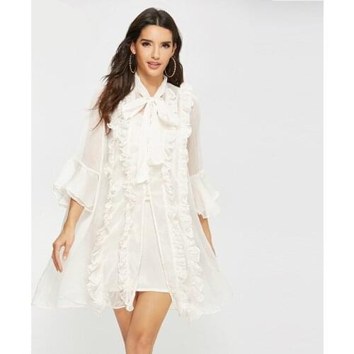 2020 Summer Beach Dress Ladies Half Sleeve Loose Sheer Sexy Korean Dress Woman Singer Breasted Empire Black A Line Mini Dresses