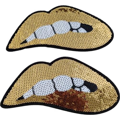 Gold Sequined Mouth Patches DIY Embroidery Iron On Lip Appliqued Garment Stickers Decoration Jeans Bags Shoes Motif Badge