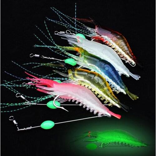 5PCS Luminous Shrimp Soft Lure Fluorescent Fishing Lures Artificial Bait 9cm Steel Prawn Hook Head Lure For Night Fishing Tackle