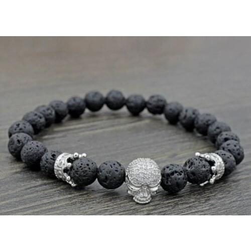 8mm 3uh3 silver gold Crown skull adjusted black volcanic lava micro pave cz zircon cubic zirconia Bracelet essential oils