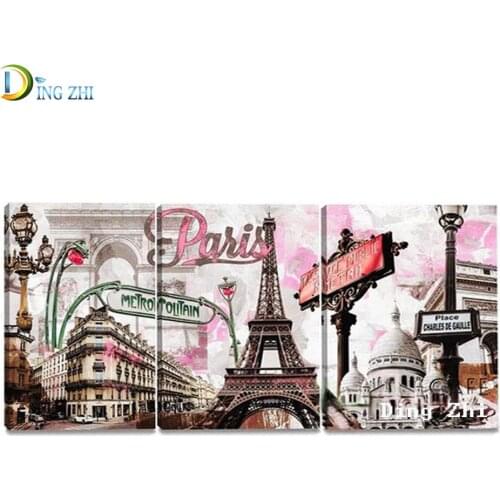 Diamond Painting Diy Triptych Pink Paris Tower Diamond Embroidery Decor Romantic City Painting 3 Panels Square/Round Drill Gift