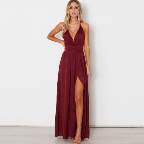 Burgundy A-line Chiffon Front/Side Slit V-Neck Spaghetti strap Sweep Floor length Sleeveless Banbage Open back Evening Dresses
