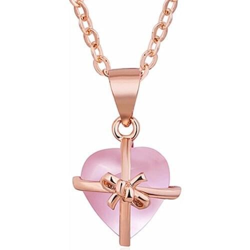 Rose Gold Color Love Heart Pink Quartz Pendant Link Chain Necklace for Valentines Day Gift Jewelry