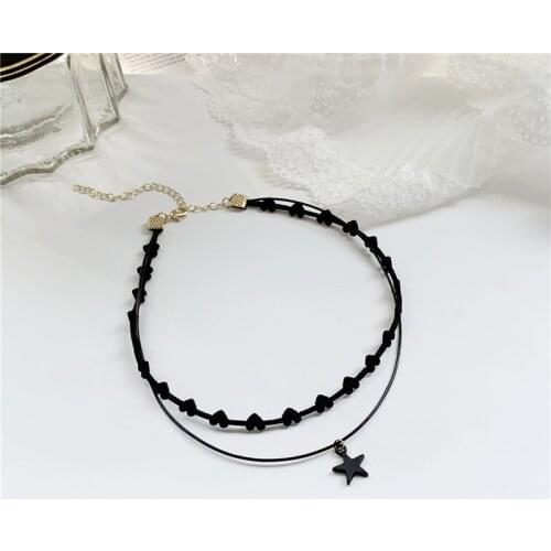 Gothic Black Heart Chain Stars Pendent Necklace Classic Love Pentagram Necklace for Women Men Girls Kid Collar Neck Jewelry Gift
