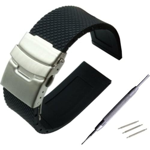 HQ New Design Black Silicone Rubber Watch Strap Band Deployment Buckle Waterproof 20mm 22mm 24mm