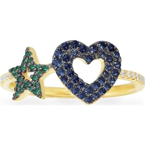 SLJELY Fashion Real 925 Sterling Silver Navy Blue Heart and Green Star Ring Paved High Quality Zircon Women Fine Brand Jewelry