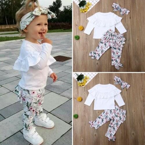 Baby Girls Clothes Set White Long Sleeve Top Floral Ruffled Pants Headband 0-5Y Infant Toddler Kids Spring Fall Casual Outfits