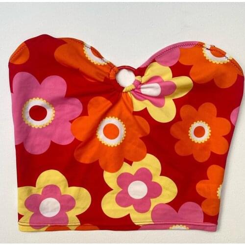 Harajuku Flora Pattern Backless Sexy Crop Tops 2000s Aesthetics Bandage Halter Red Tank Tops Summer Fashion Cute Outfits