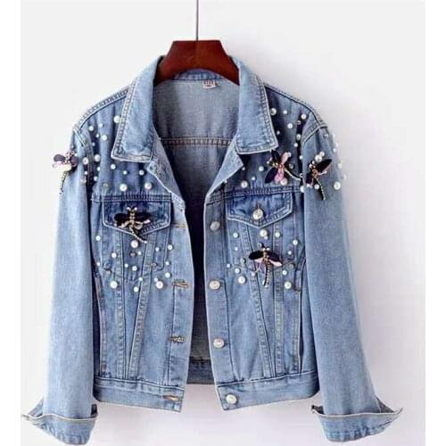 Fad Autumn Denim Jacket Coat Women Beading Loose Overcoat Jeans Jacket Basic Coats Streetwear Long Sleeve Casual Outerwear