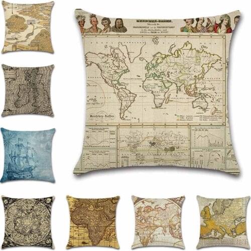 Old Maps Style Print Linen Cushion Cover Decorative Home Sofa Chair Car Seat Friend Kids Boy Bedroom Gift Pillowcase