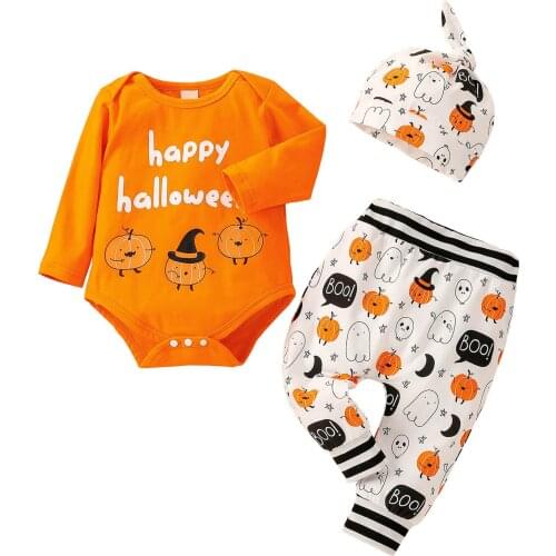 My first Halloween Suit Infant Baby Boy Girl Halloween Letter Romper Bodysuit+Pumpkin Pants Hat Outfits roupa infantil menina