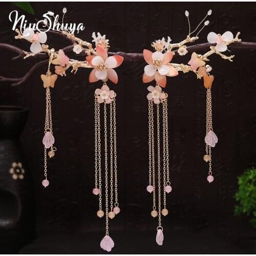 NiuShuya Chinese Vintage Pink Flower Tassel Handmade Hair Sticks Accessories Hairpins Headwear for Hanfu Kimono