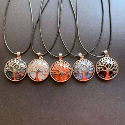 Alloy Tree of Life Charm Necklace Round CAB Quartz Crystal Healing Stones Necklace Dropshipping 1pc