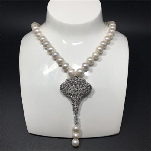 Hand knotted Natural 9-10mm white freshwater pearl micro inlay zircon accessories tassel necklace fashion jewelry