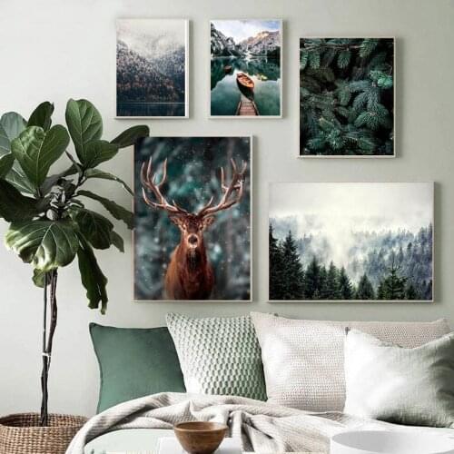 Natural Landscape Poster Animal Forest Fog Deer Mountain Lake Boat Nordic Style Living Room Study Home Decoration Painting