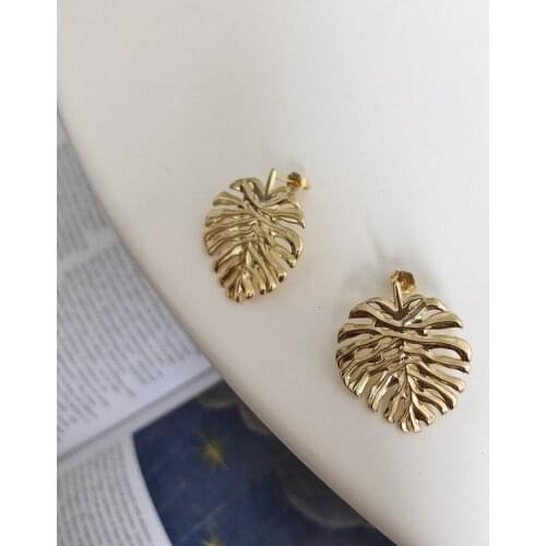 Silvology 925 Sterling Silver Turtle Back Leaf Earrings Gold Exaggeration French Big Stud Earrings for Women Fashionable Jewelry
